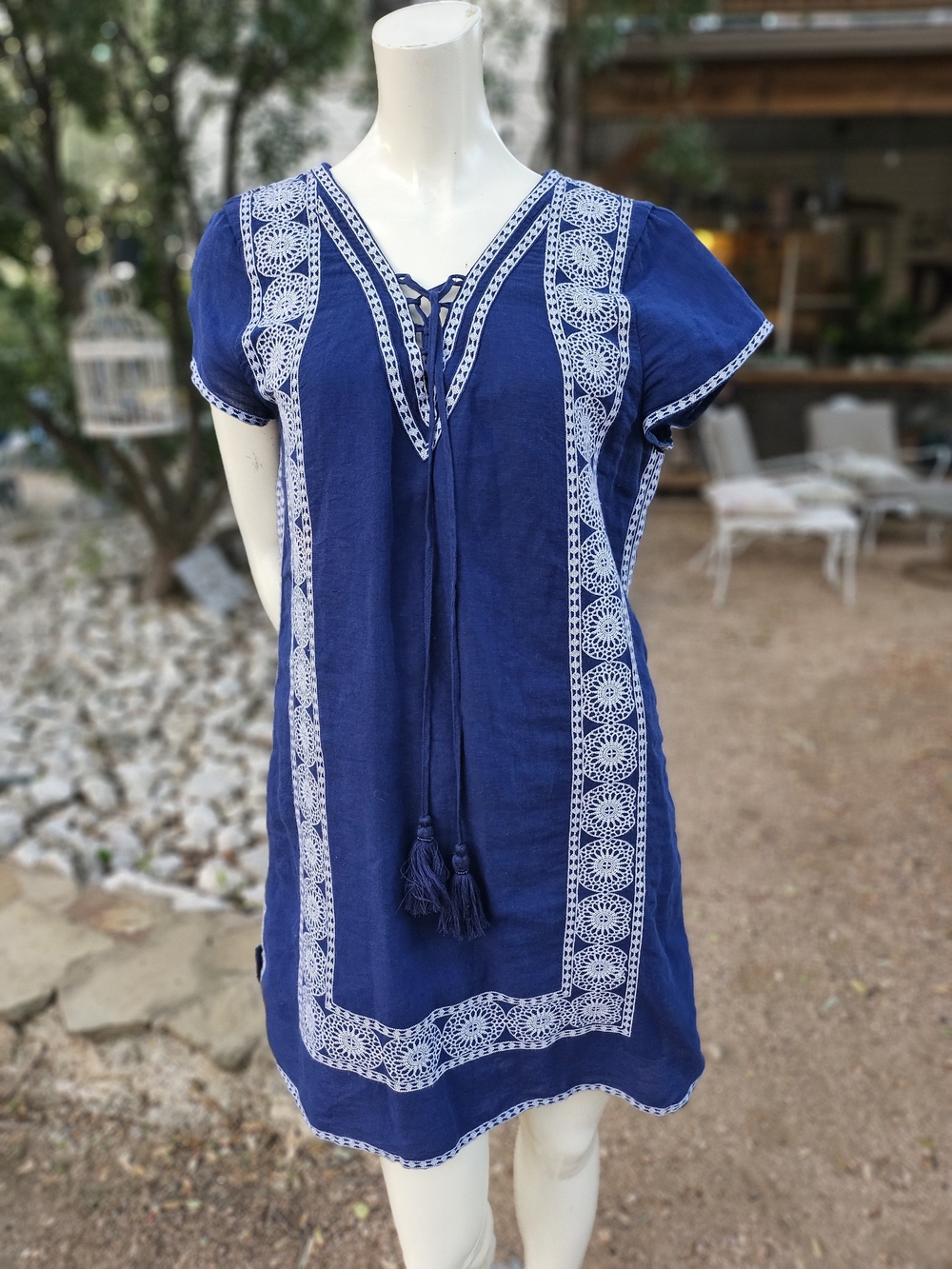 Vineyard Vines Navy Blue Linen Cotton White Embroidered Panel Mini Dress 12